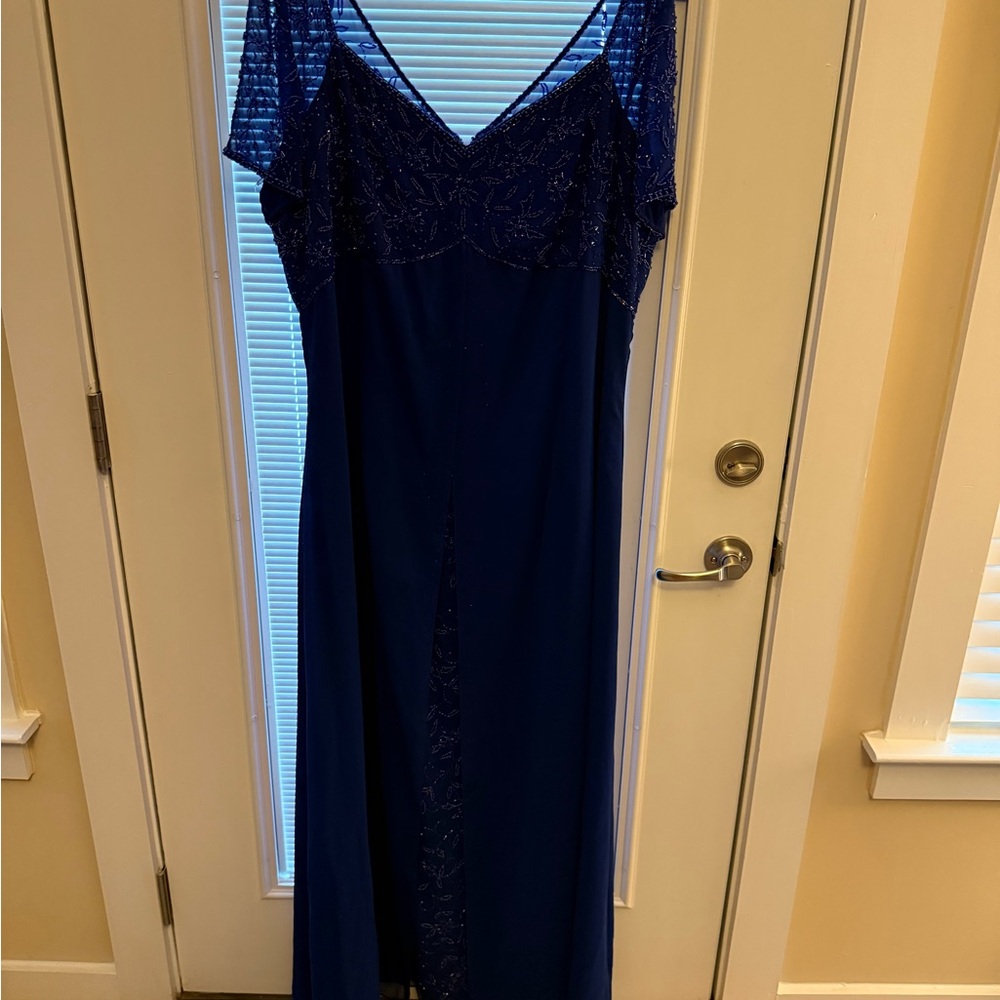 Tiffany Designs Blue V-Neck Maxi Gown for Weddings